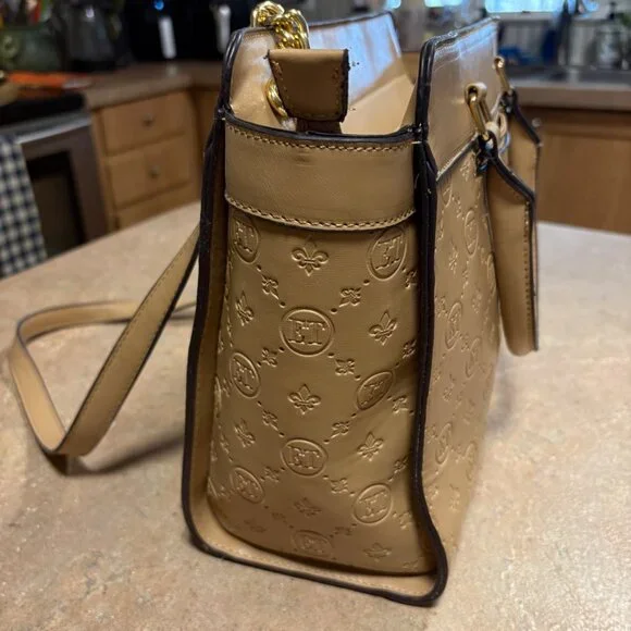 Ellen Tracy Monogram Signature Collection Double Handle Satchel Tan Faux Leather - Picture 3 of 16